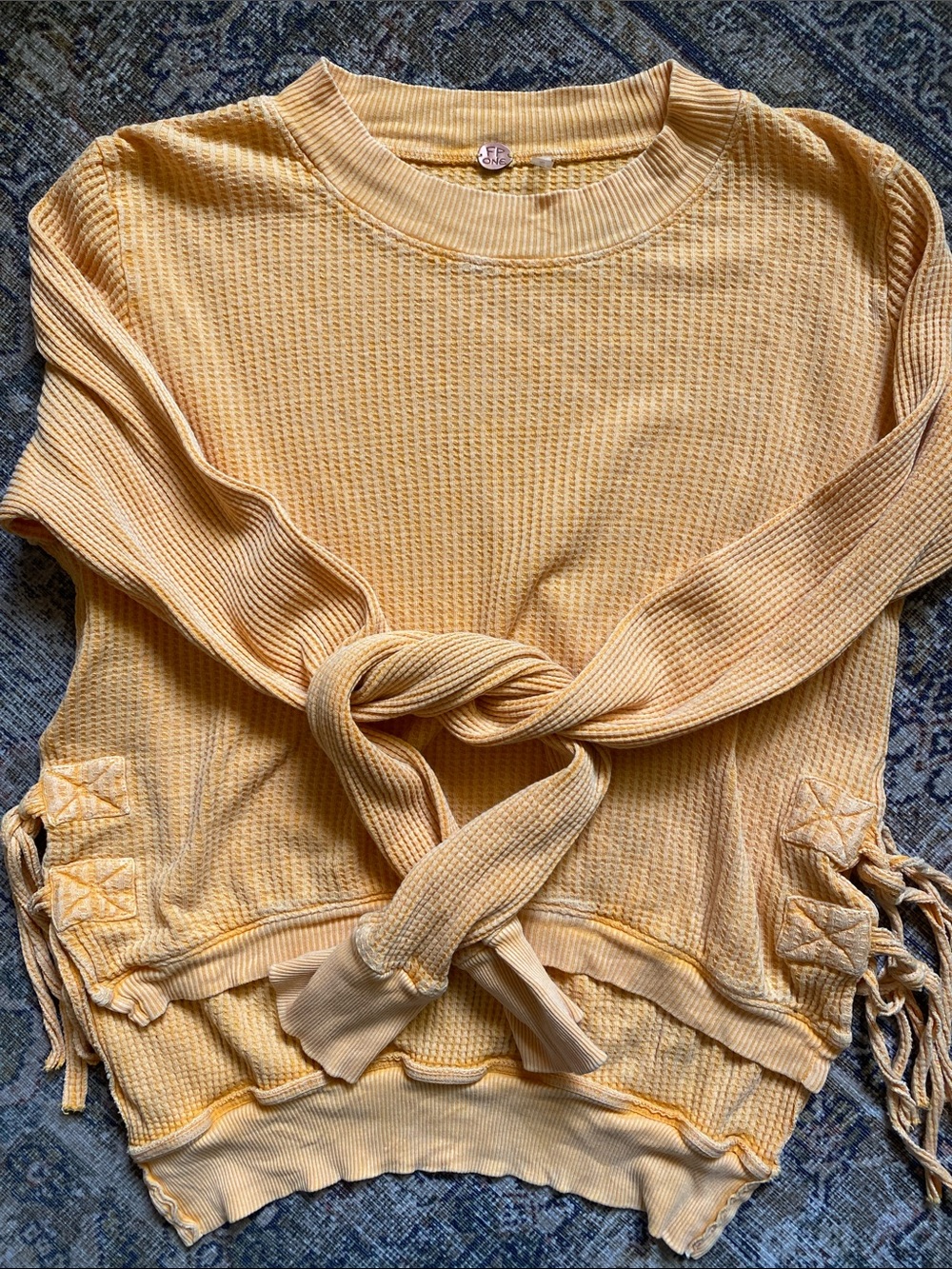 Free People Pale Yellow Waffle-Knit Tie-Front Top